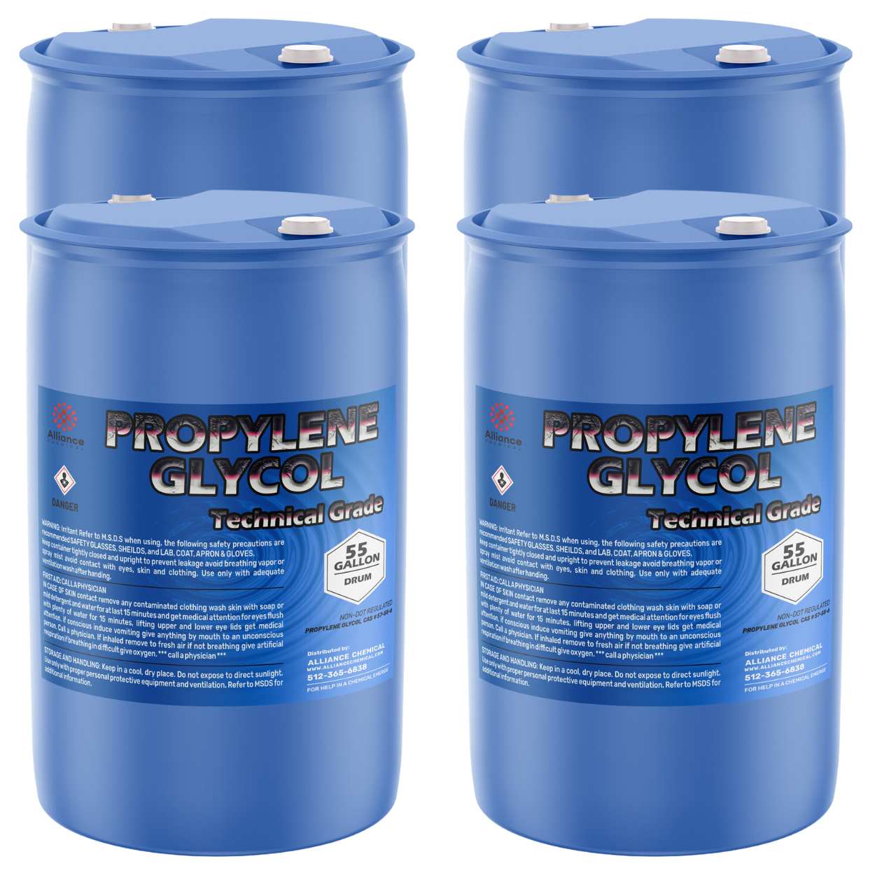 4x55-gallon blue HDPE drums of Technical Grade Propylene Glycol by Alliance Chemical, featuring danger warning symbol and safety precautions on label.